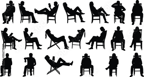 Collection of twenty seated human silhouettes in varied chair poses showing posture diversity, ergonomic study, reading, relaxing, working, and everyday seated behaviors