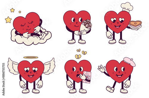 A set of cute vector illustrations with cartoon hearts in various images and emotions. Great for designing postcards, Valentine's Day greetings, baby products, stickers, and web design.