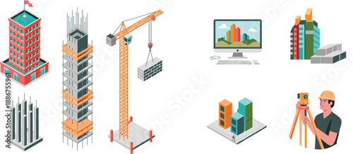 Isometric construction and architecture illustration set, building process workflow with crane, materials, planning, surveying, modern city development