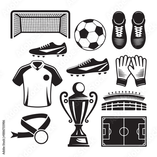 Complete Soccer Vector Illustration Set – Ball, Goal, Jersey, Boots, Trophy & Stadium