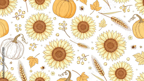 Autumn-themed seamless pattern with hand-drawn sunflowers, pumpkins, wheat stalks, and fall leaves on a clean white background.