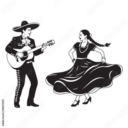 Traditional Folk Dance Couple Illustration in Black and White Vector