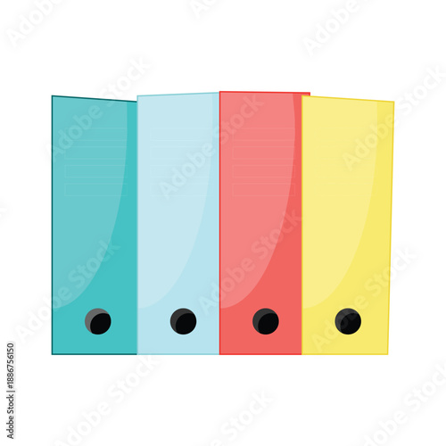 Set of standing lever arch folders with label spines, bright pastel colors, perfect for office administration visuals, paperwork management infographics, study planner designs
