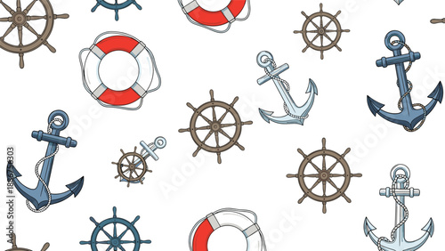 Seamless nautical pattern with hand-drawn ship wheels, anchors, and lifebuoys on a clean white background for a marine theme.