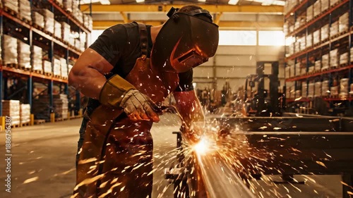 Tradesperson performing arc welding inside large storage facility