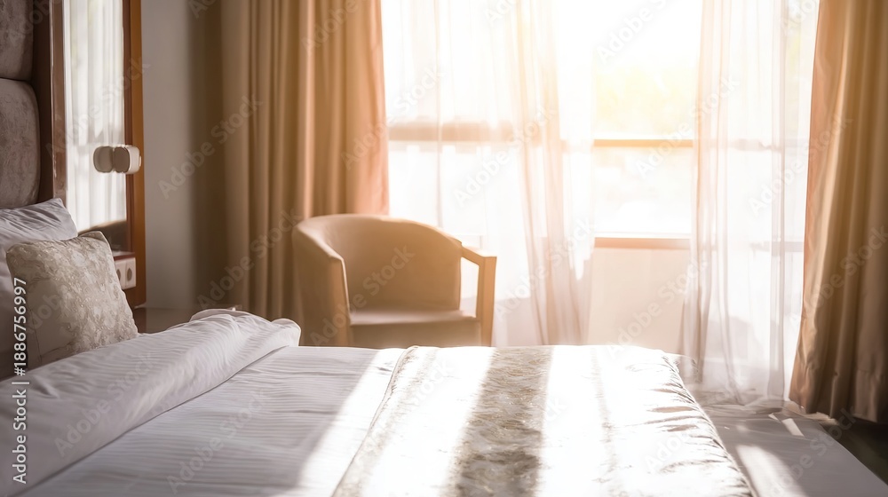 Fototapeta premium A serene hotel bedroom bathed in morning sunlight, featuring a neatly made bed and sheer curtains.