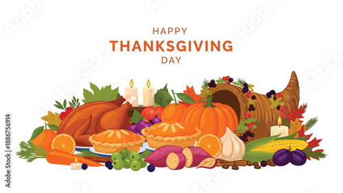 Happy Thanksgiving Day greeting with a bountiful harvest illustration of a roast turkey, pies, pumpkin, and a cornucopia.