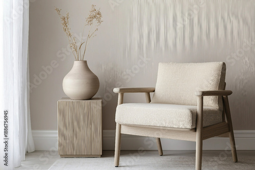 Organic modern living room with furniture, neutral tones, and cozy accent seating – a generative AI concept