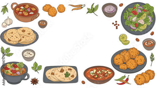 A border of traditional Indian food dishes including curry, flatbread, salads, and snacks with copy space in the center.