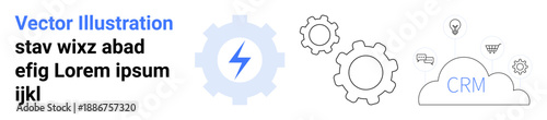 Technology systems, workflow automation, business strategy, customer relationship management, cloud computing, and digital tools. Gears, cloud lightning symbol. Technology systems and workflow
