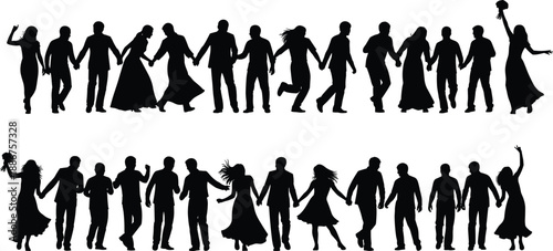 Crowd of wedding guests silhouettes set, people holding hands celebrating, party dance line, festive group of men and women, vector, isolated
