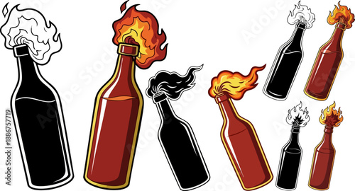 Set of 6 Molotov Cocktail Vector Illustrations with Flames and Smoke