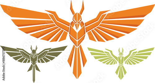 Set of 3 Abstract Geometric Phoenix Bird Vector Illustrations