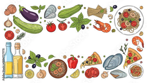 A food frame with classic Italian dishes and ingredients like pasta, pizza, seafood, and vegetables for a menu design.