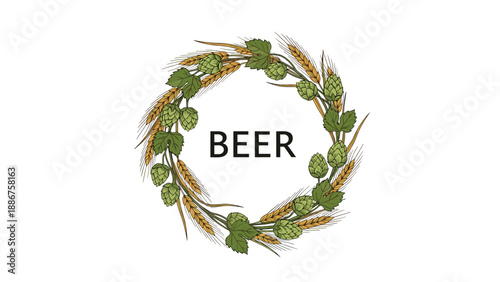 A circular wreath logo concept made of hand-drawn green hops and golden wheat ears, with the word BEER in the center.