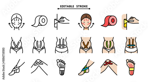 Kinesio Taping Icon Set: Pregnancy Support and Facial Aesthetics, Color Symbols for Maternity Care and Beauty Rehabilitation