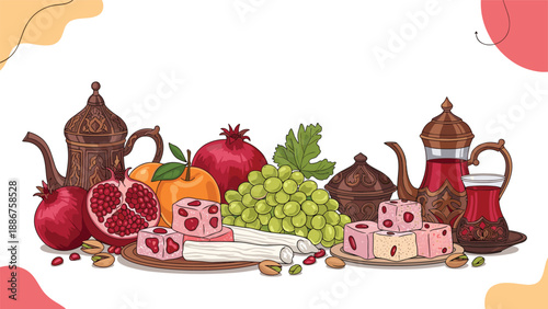 A still life arrangement of traditional Turkish sweets, fruits like pomegranate, and tea in ornate pots and glasses.