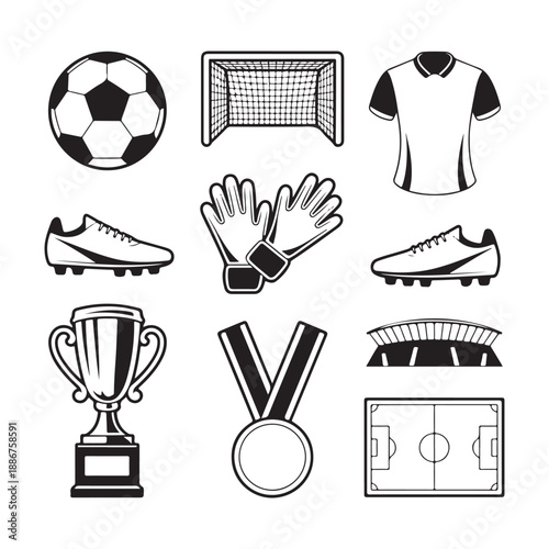 Complete Soccer Vector Illustration Set – Ball, Goal, Jersey, Boots, Trophy & Stadium
