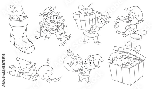 Cute Christmas elves in various festive poses: playing, carrying gifts, drinking cocoa, tangled in lights, hiding in a stocking, breaking ornaments, and peeking from a present box. Outline set