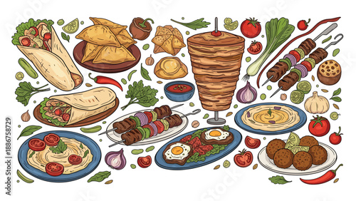 A large collection of popular Middle Eastern street food dishes like shawarma, falafel, kebab, and hummus, hand-drawn.