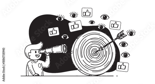 Man aiming telescope at target with social media likes and eyes