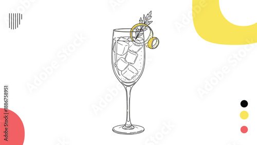 A minimalist, modern line art illustration of a cocktail in a tall glass with ice and a lemon garnish, with abstract shapes.
