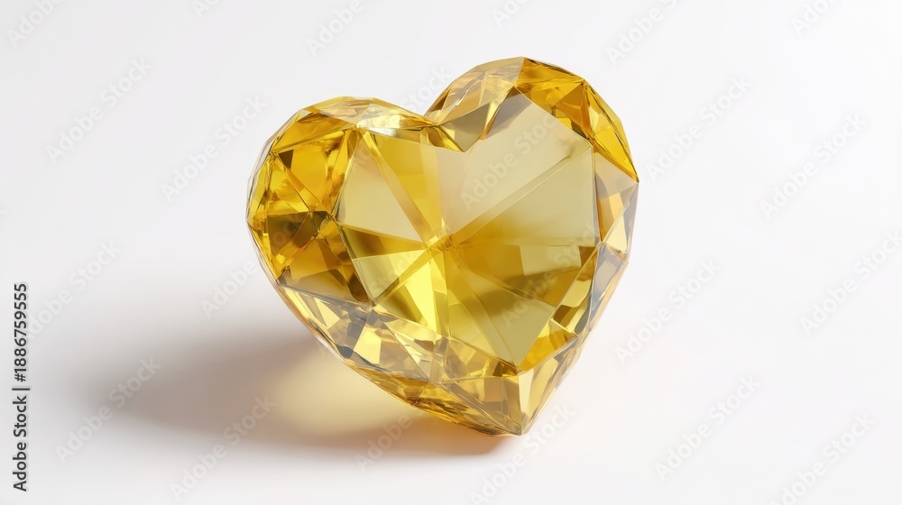 Fototapeta premium Heart-shaped yellow gemstone with intricate facets on white background.