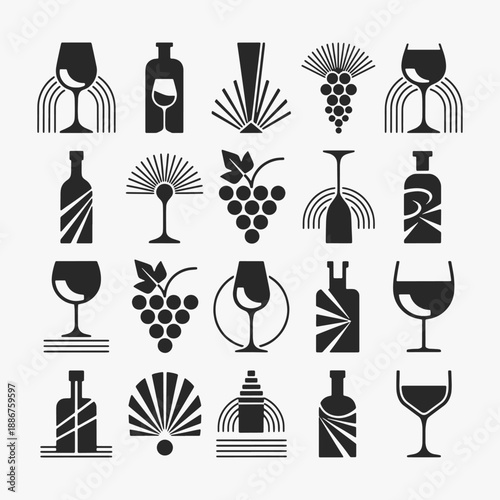 A set of Wine art deco icons in flat line style.