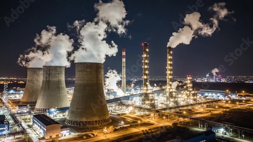 Wallpaper Mural Night industrial complex glows with bright lights; towering smokestacks vent steam. Night glow haze Torontodigital.ca