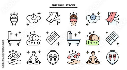 Editable Sleep Wellness Vector Icons: Colorful Symbols for Orthopedic Pillow, Meditation, Earplugs and Air Ventilation
