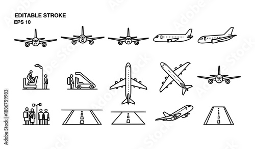 Passenger airplane line icon set vector