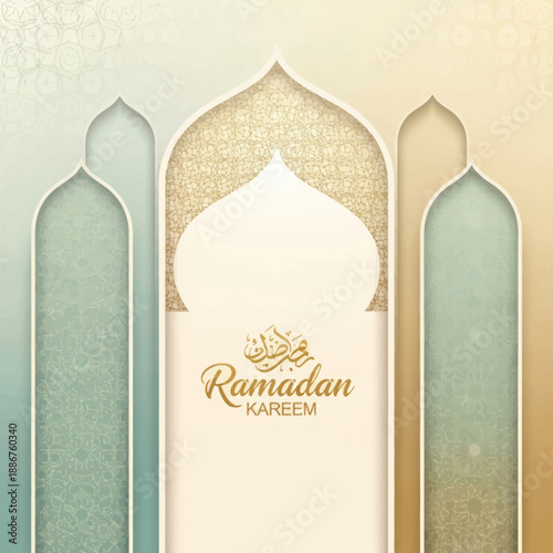 Ramadan Kareem Islamic Greeting Card with Ornate Archway Design.