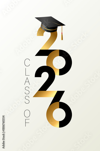 Class of 2026 typography logo design concept. Congratulation graduation numbers with square academic cap for High School or University vector booth design