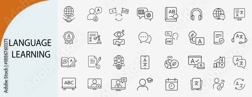 Language learning and foreign translation education outline icon set, isolated vector.