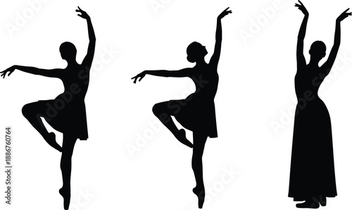 Elegant black silhouettes of graceful ballet dancers performing classical poses on pointe shoes including ballerina in tutu and long dress for dance,