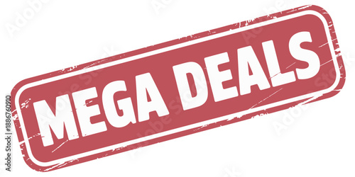 Mega Deals square grunge stamp, worn red rubber vector, vintage sale label illustration, promotional offer graphic, marketing design, retail discount and advertisement concept