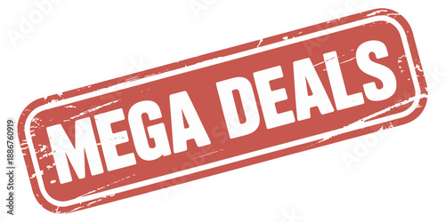 Mega Deals square grunge stamp, red rubber distressed texture, vintage promotional label vector, discount sale concept, marketing and retail graphic, retro stamp illustration