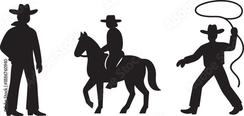 Cowboy Silhouette Set with Western Rancher Standing, Riding a Horse, and Using a Lasso, Black Vector Clip Art Isolated on White Background