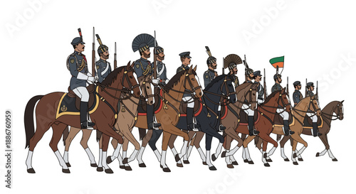 Illustration of a cavalry unit on horseback during a military parade on Republic Day in India, with people and children watching, featuring a prominent flag.