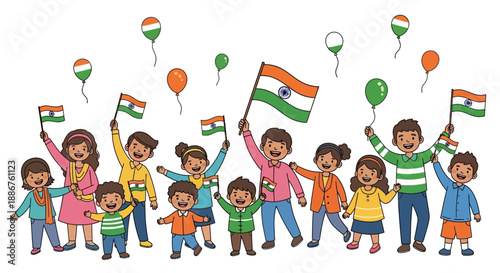 Illustration of children and adults celebrating Republic Day of India with flags and balloons in a colorful parade scene.