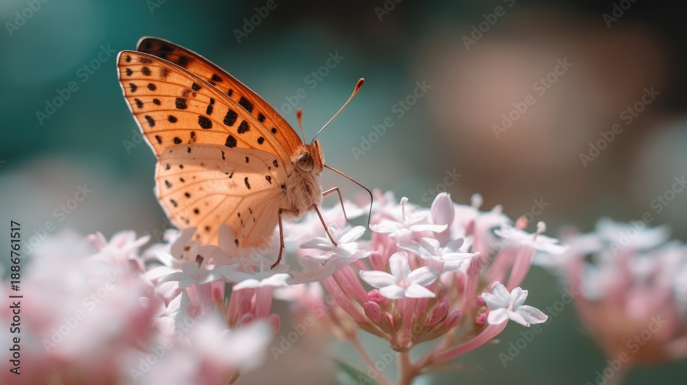 Fototapeta premium Close-Up of Orange Butterfly Perched on Delicate Pink Flowers in a Soft-Toned Natural Environment Highlighting Beauty of Nature and Pollination