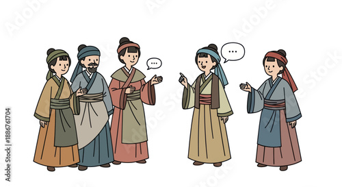 Ancient people in traditional clothing engaged in a conversation.