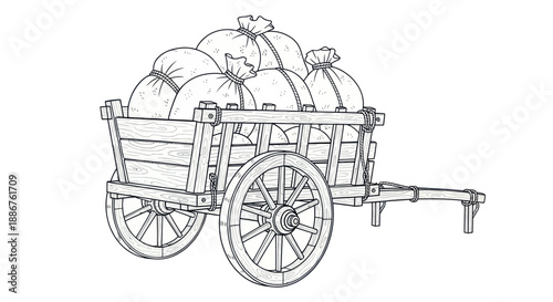 Antique wooden cart loaded with sacks