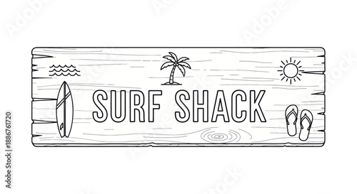 Surf Shack wooden sign with surfboard, palm tree, sun and flip flops.