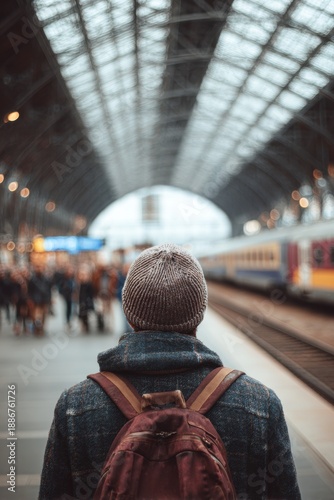 Vacation travel trip journey in holiday season. A person wearing a hat and backpack standing at a train station, waiting for a train on the railway track. The background is slightly blurred.
