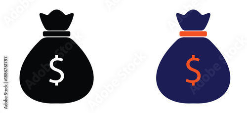 Money Bag Icon Set Symbolizing Finance, Wealth, Savings, Investment, and Profit Growth
