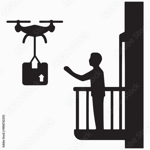 Delivery drone silhouette lowering package to apartment balcony, showcasing urban logistics and futuristic e-commerce isolated white background