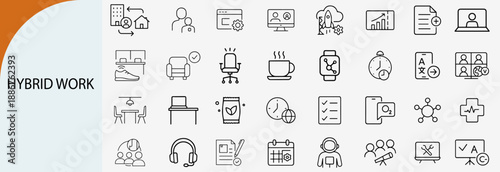 Hybrid work line icons set for remote office and flexible business