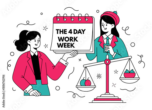 4-Day Work Week - Calendar & Balance, Vector Illustration
