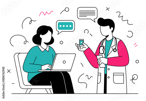 Teletherapy Session - Psychologist & Patient Vector Illustration